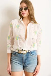 Olalook Women's White Yellow Embroidered Stripe Scallop Detailed Shirt - Image 4