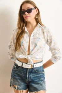 Olalook Women's White Blue Floral Embroidery Detailed Shirt