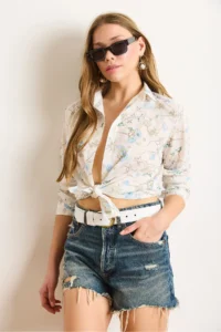 Olalook Women's White Blue Floral Embroidery Detailed Shirt - Image 3