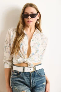 Olalook Women's White Blue Floral Embroidery Detailed Shirt - Image 4