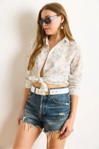 Olalook Women's White Blue Floral Embroidery Detailed Shirt - Image 5
