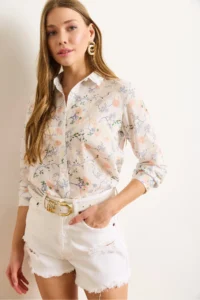 Olalook Women's White Salmon Flower Embroidery Detailed Shirt - Image 3