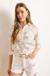Olalook Women's White Salmon Flower Embroidery Detailed Shirt - Image 4