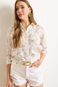 Olalook Women's White Salmon Flower Embroidery Detailed Shirt - Image 5