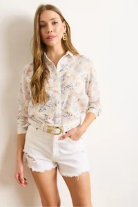 Olalook Women's White Salmon Flower Embroidery Detailed Shirt - Image 6