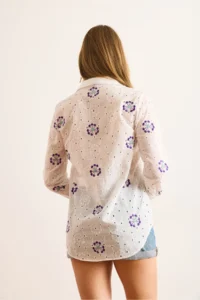Olalook Women's Purple and White Embroidered Oval Patterned Scallop Shirt - Image 2
