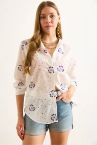 Olalook Women's Purple and White Embroidered Oval Patterned Scallop Shirt - Image 3