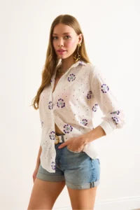 Olalook Women's Purple and White Embroidered Oval Patterned Scallop Shirt - Image 4