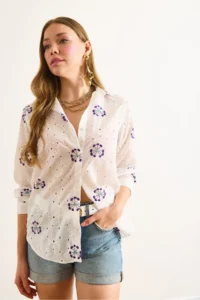 Olalook Women's Purple and White Embroidered Oval Patterned Scallop Shirt - Image 5