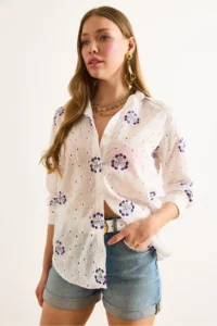 Olalook Women's Purple and White Embroidered Oval Patterned Scallop Shirt - Image 6