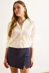 Olalook Women's Yellow and White Embroidered Oval Patterned Scallop Shirt