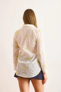 Olalook Women's Yellow and White Embroidered Oval Patterned Scallop Shirt - Image 2