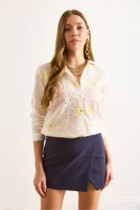 Olalook Women's Yellow and White Embroidered Oval Patterned Scallop Shirt - Image 3