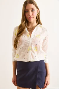 Olalook Women's Yellow and White Embroidered Oval Patterned Scallop Shirt - Image 4