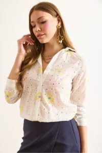 Olalook Women's Yellow and White Embroidered Oval Patterned Scallop Shirt - Image 5