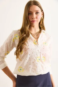 Olalook Women's Yellow and White Embroidered Oval Patterned Scallop Shirt - Image 6