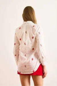 Olalook Women's Red and White Colored Daisy Embroidered Scallop Shirt - Image 2