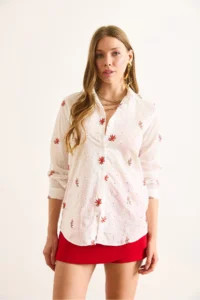 Olalook Women's Red and White Colored Daisy Embroidered Scallop Shirt - Image 3