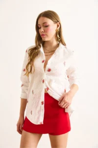Olalook Women's Red and White Colored Daisy Embroidered Scallop Shirt - Image 4