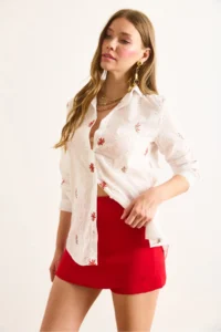 Olalook Women's Red and White Colored Daisy Embroidered Scallop Shirt - Image 5
