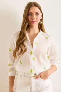 Olalook Women's Yellow and White Colored Daisy Embroidered Scallop Shirt