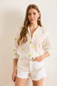 Olalook Women's Yellow and White Colored Daisy Embroidered Scallop Shirt - Image 3