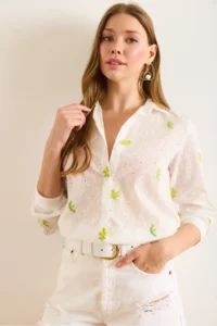 Olalook Women's Yellow and White Colored Daisy Embroidered Scallop Shirt - Image 4