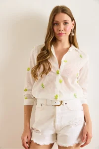 Olalook Women's Yellow and White Colored Daisy Embroidered Scallop Shirt - Image 5