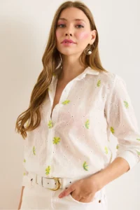 Olalook Women's Yellow and White Colored Daisy Embroidered Scallop Shirt - Image 6