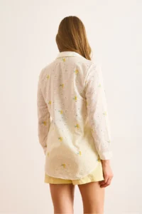Olalook Women's White Yellow Tiny Flower Embroidered Scallop Shirt - Image 2