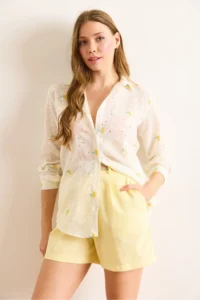 Olalook Women's White Yellow Tiny Flower Embroidered Scallop Shirt - Image 3
