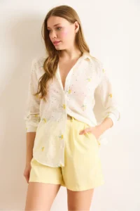 Olalook Women's White Yellow Tiny Flower Embroidered Scallop Shirt - Image 4