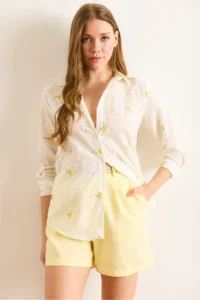 Olalook Women's White Yellow Tiny Flower Embroidered Scallop Shirt - Image 5