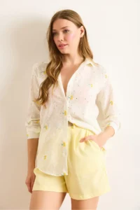 Olalook Women's White Yellow Tiny Flower Embroidered Scallop Shirt - Image 6