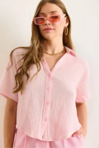 Olalook Women's Pink V-Neck Short Sleeve Muslin Shirt