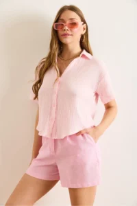 Olalook Women's Pink V-Neck Short Sleeve Muslin Shirt - Image 3