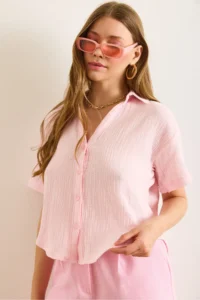 Olalook Women's Pink V-Neck Short Sleeve Muslin Shirt - Image 5