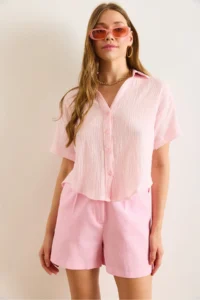 Olalook Women's Pink V-Neck Short Sleeve Muslin Shirt - Image 6