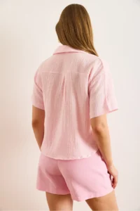 Olalook Women's Pink V-Neck Short Sleeve Muslin Shirt - Image 7