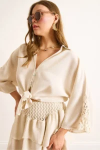 Olalook Women's Stone 4 Button Lacing Detailed Linen Shirt