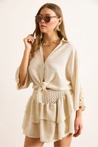 Olalook Women's Stone 4 Button Lacing Detailed Linen Shirt - Image 3