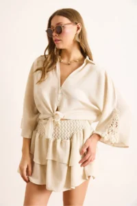Olalook Women's Stone 4 Button Lacing Detailed Linen Shirt - Image 4