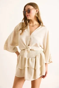 Olalook Women's Stone 4 Button Lacing Detailed Linen Shirt - Image 5