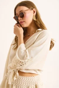 Olalook Women's Stone 4 Button Lacing Detailed Linen Shirt - Image 6