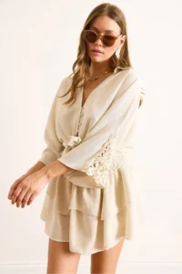 Olalook Women's Stone 4 Button Lacing Detailed Linen Shirt - Image 7