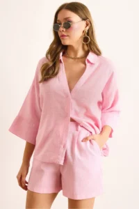 Olalook Women Pink V-neck Flam Linen Shirt