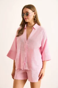 Olalook Women Pink V-neck Flam Linen Shirt - Image 2
