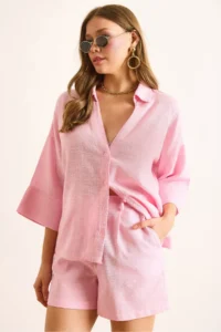 Olalook Women Pink V-neck Flam Linen Shirt - Image 3