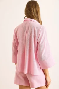 Olalook Women Pink V-neck Flam Linen Shirt - Image 4
