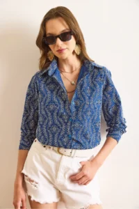 Olalook Women's Navy Blue Scallop Detailed Regular Fit Shirt - Image 3